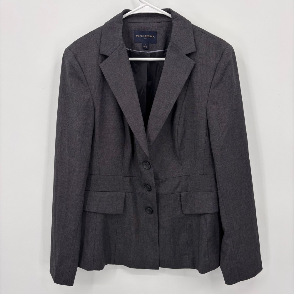 Banana Republic Blazer Women 14 Gray Excellent 3-Button Tailored Stretch Office